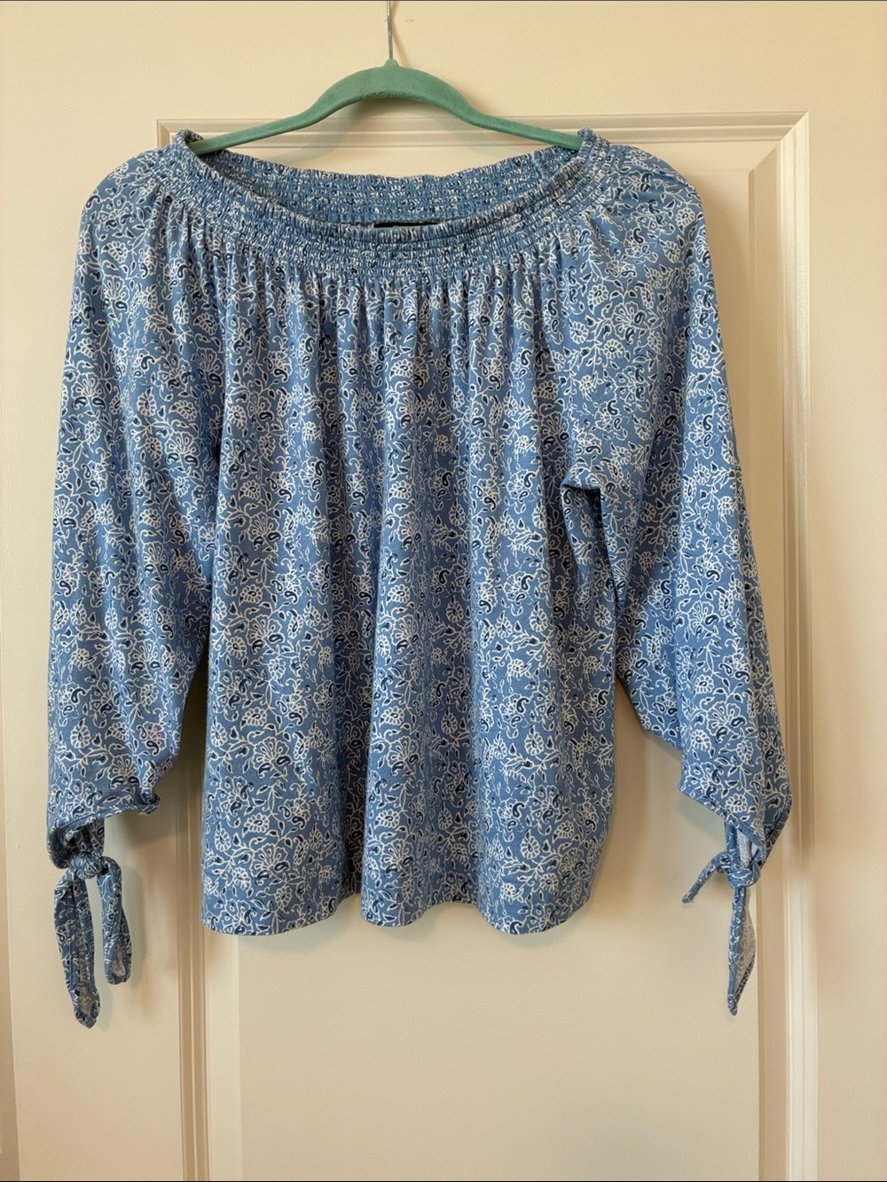 Chaps Blue Floral Off-Shoulder Tie-Sleeve Blouse
